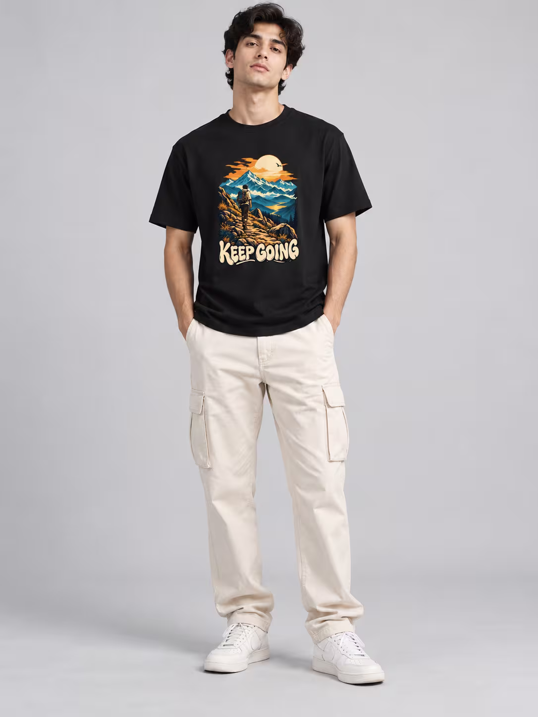 Keep Going Regular Fit T-Shirt in Black, worn by a model