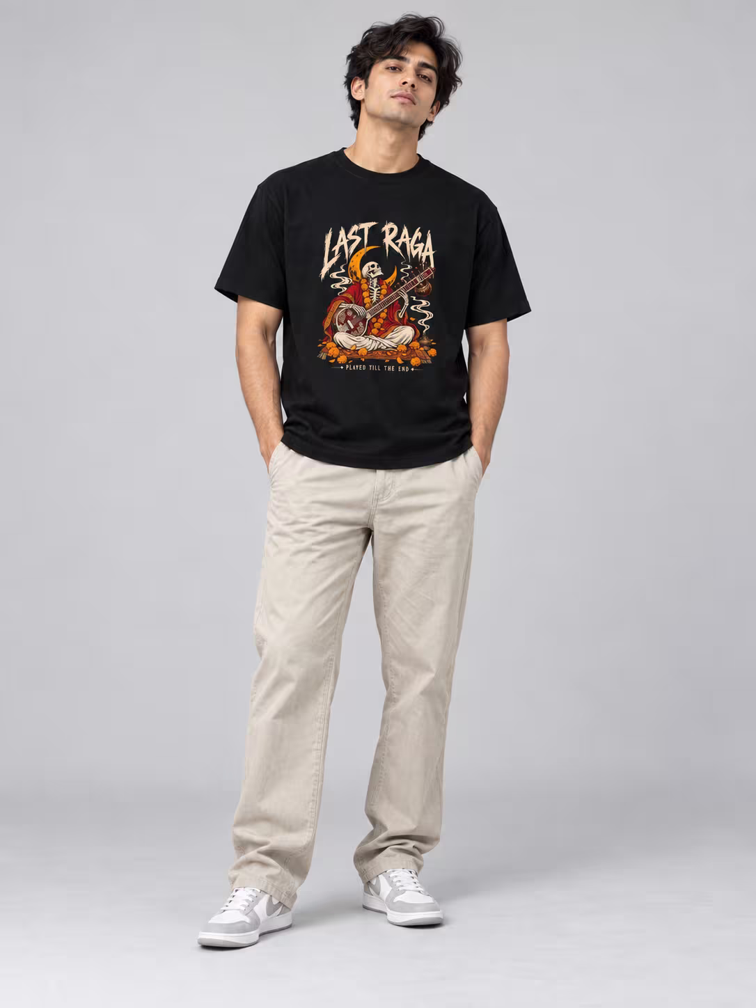 Last Raga Regular Fit T-Shirt in Black, worn by a model