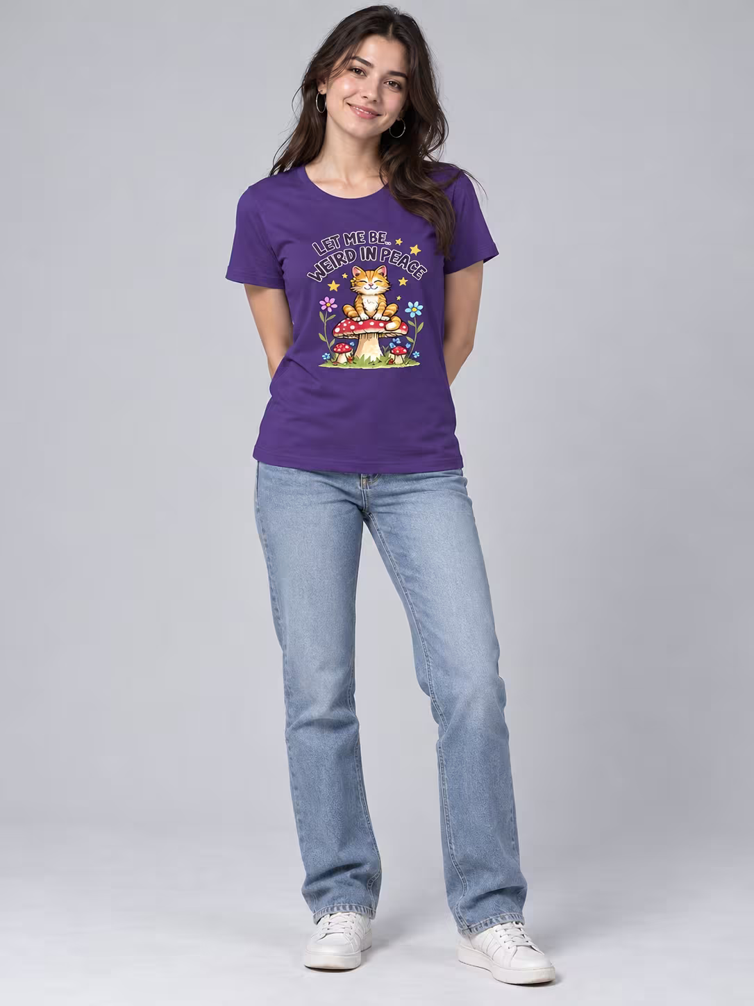 Let me be weird Women's T-Shirt in Purple, worn by a model