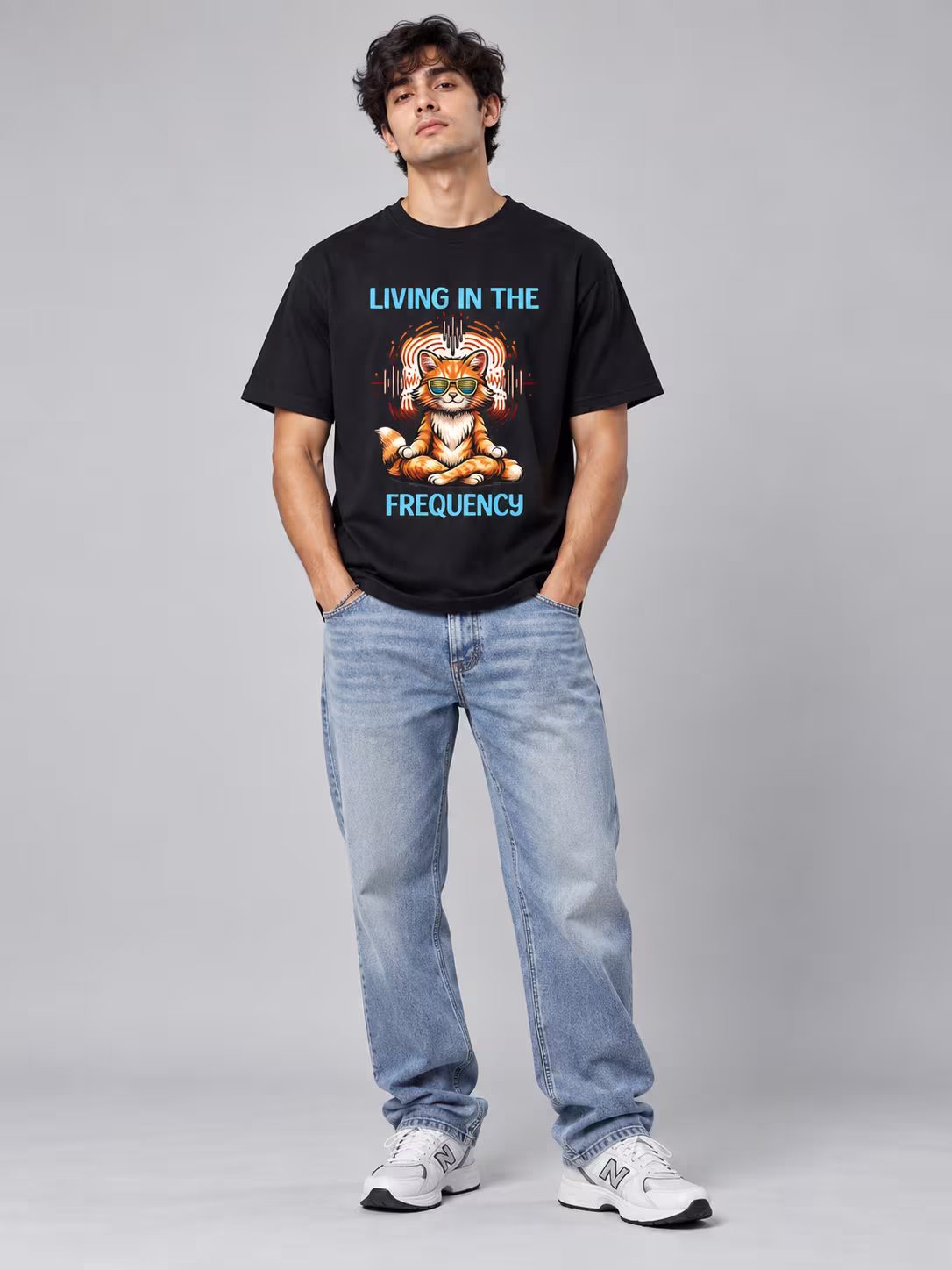 Living in the frequency T-Shirt in Black, worn by a model