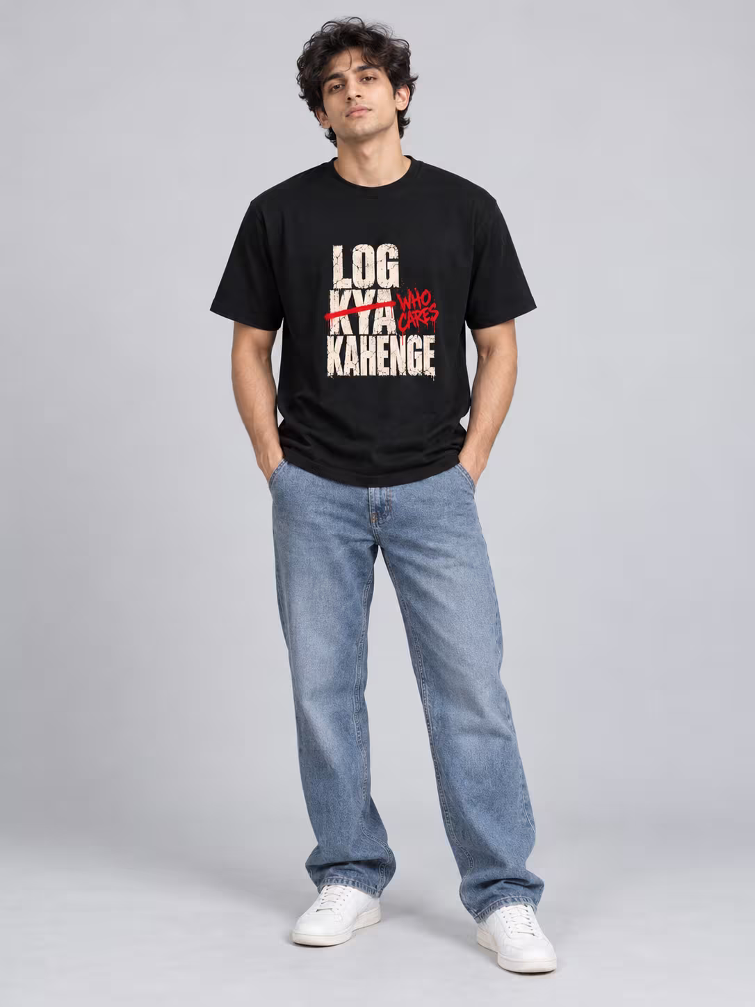 Log Kya Kahenge Regular Fit T-Shirt in Black, worn by a model