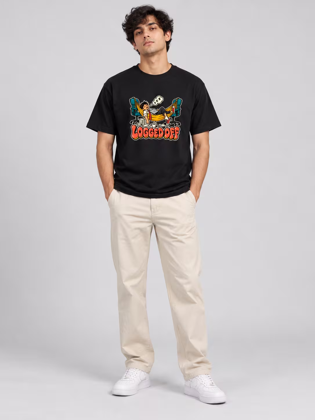 Logged Off Regular Fit T-Shirt in Black, worn by a model