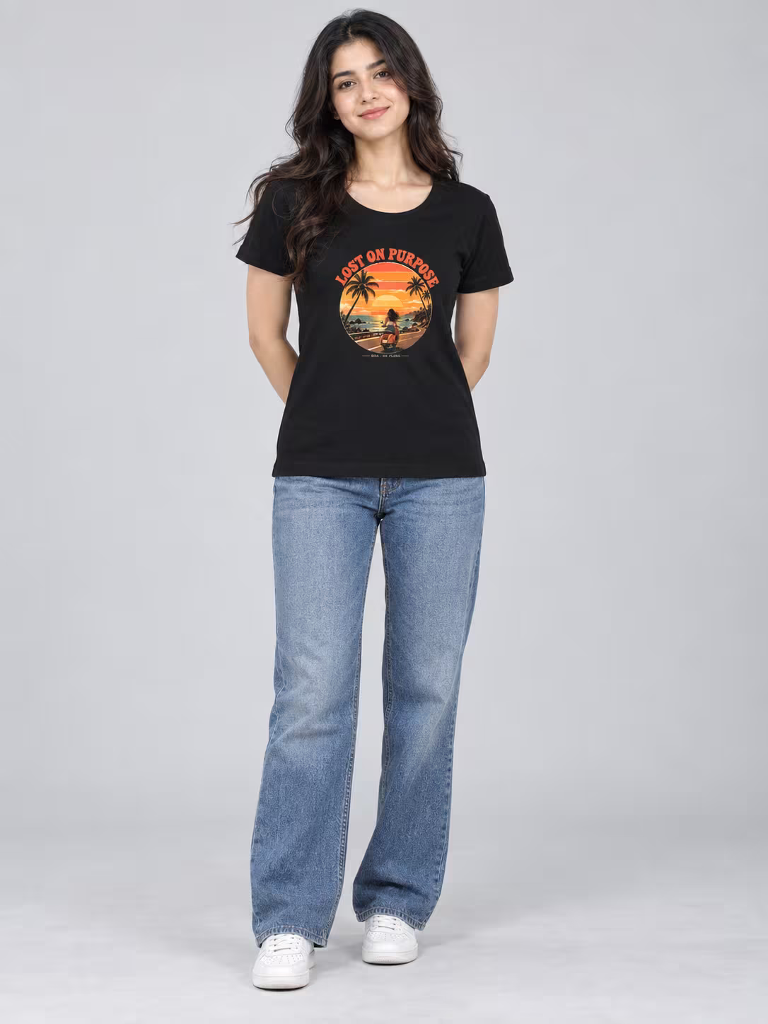 Lost On Purpose Women's T-Shirt in Black, worn by a model