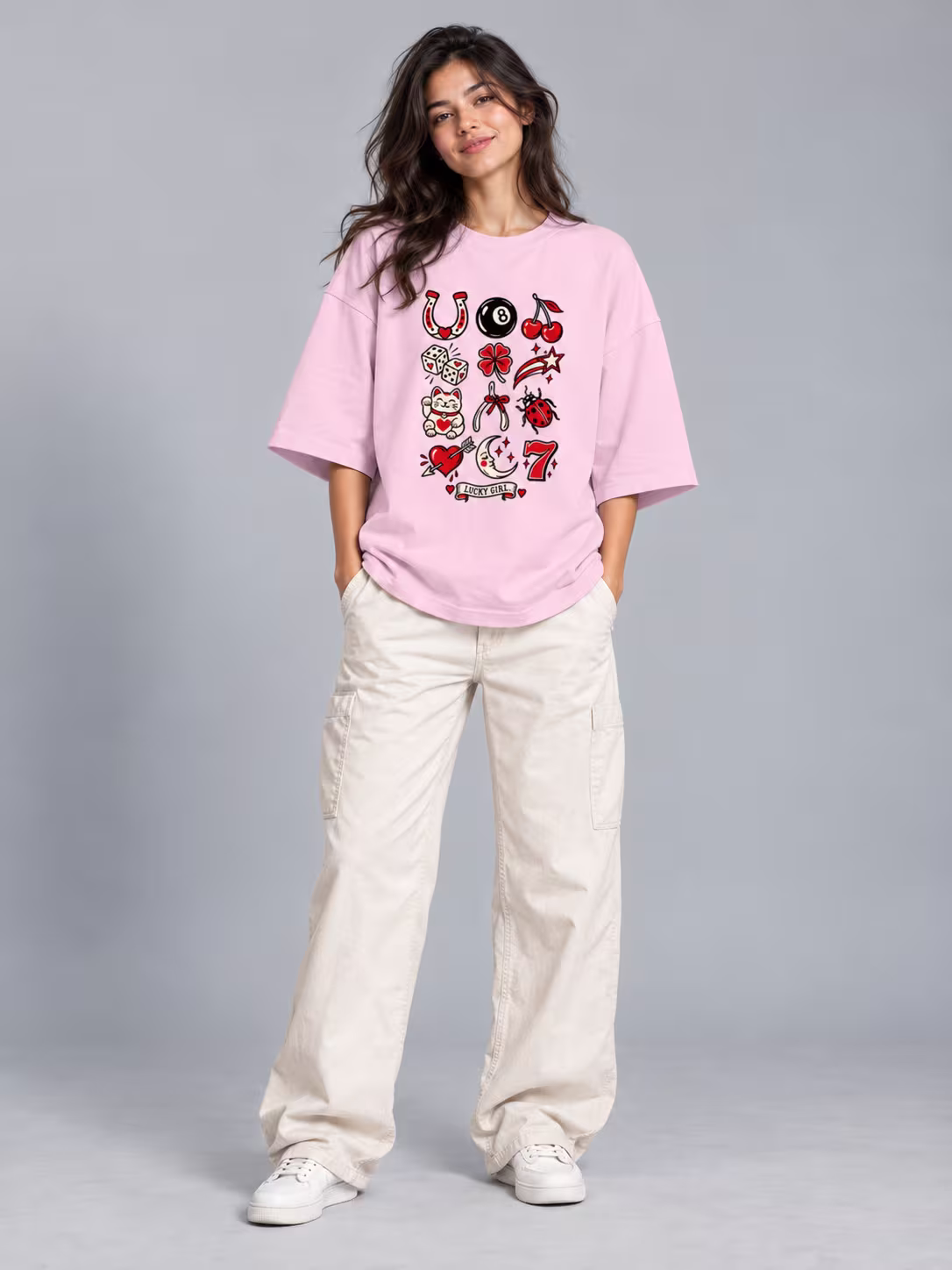 Lucky Girl Flash Unisex Terry Oversized Tee in Light Baby Pink, worn by a model