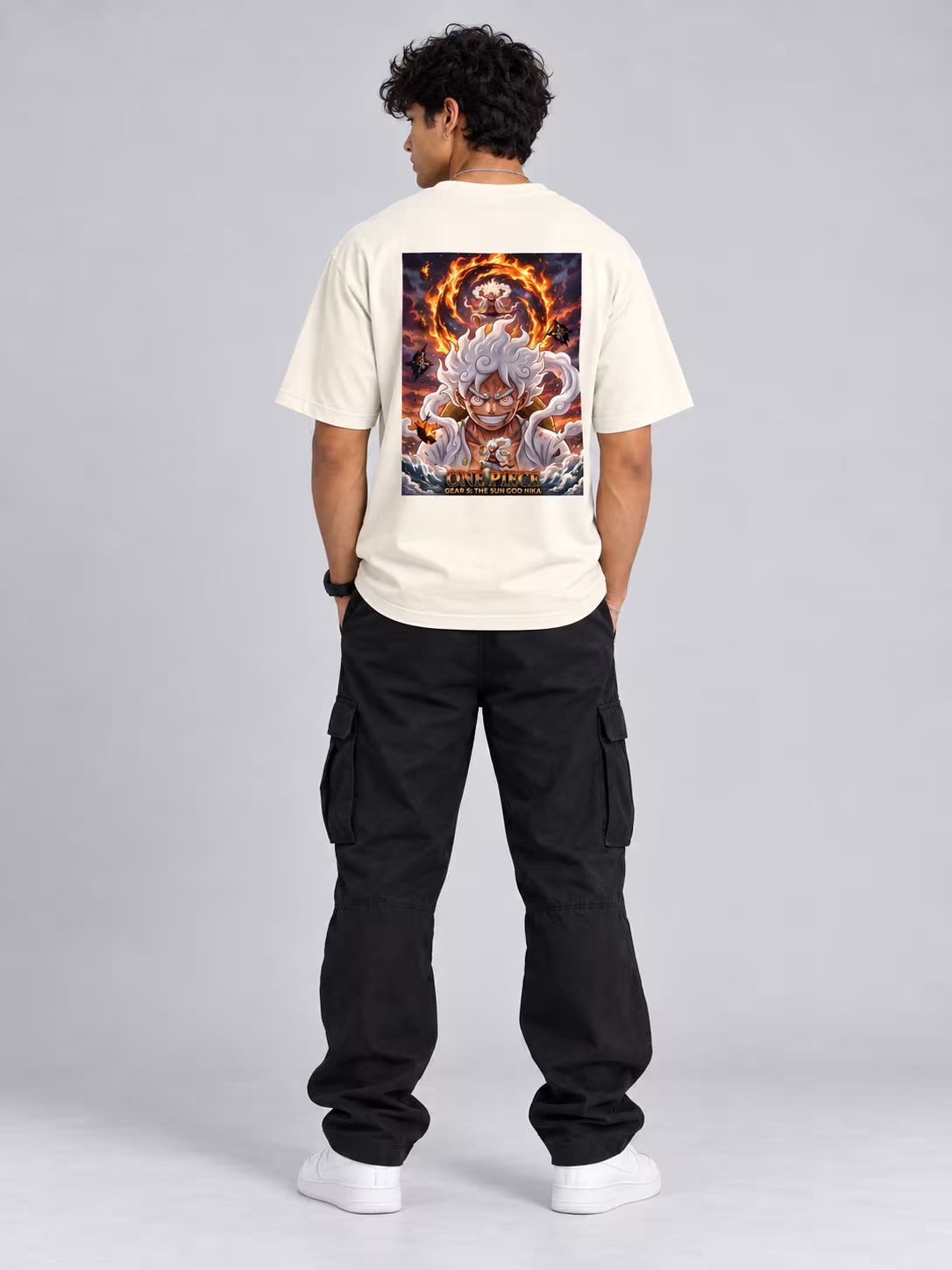Luffy Gear 5 Oversized T-Shirt in Off White, back print, worn by a model