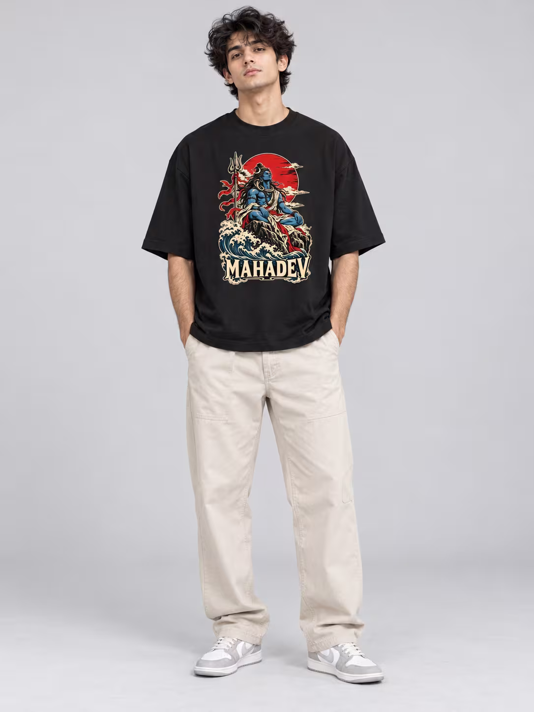 Mahadev t-shirt: Mahadev Ink Unisex Oversized T-Shirt in Black, worn by a model