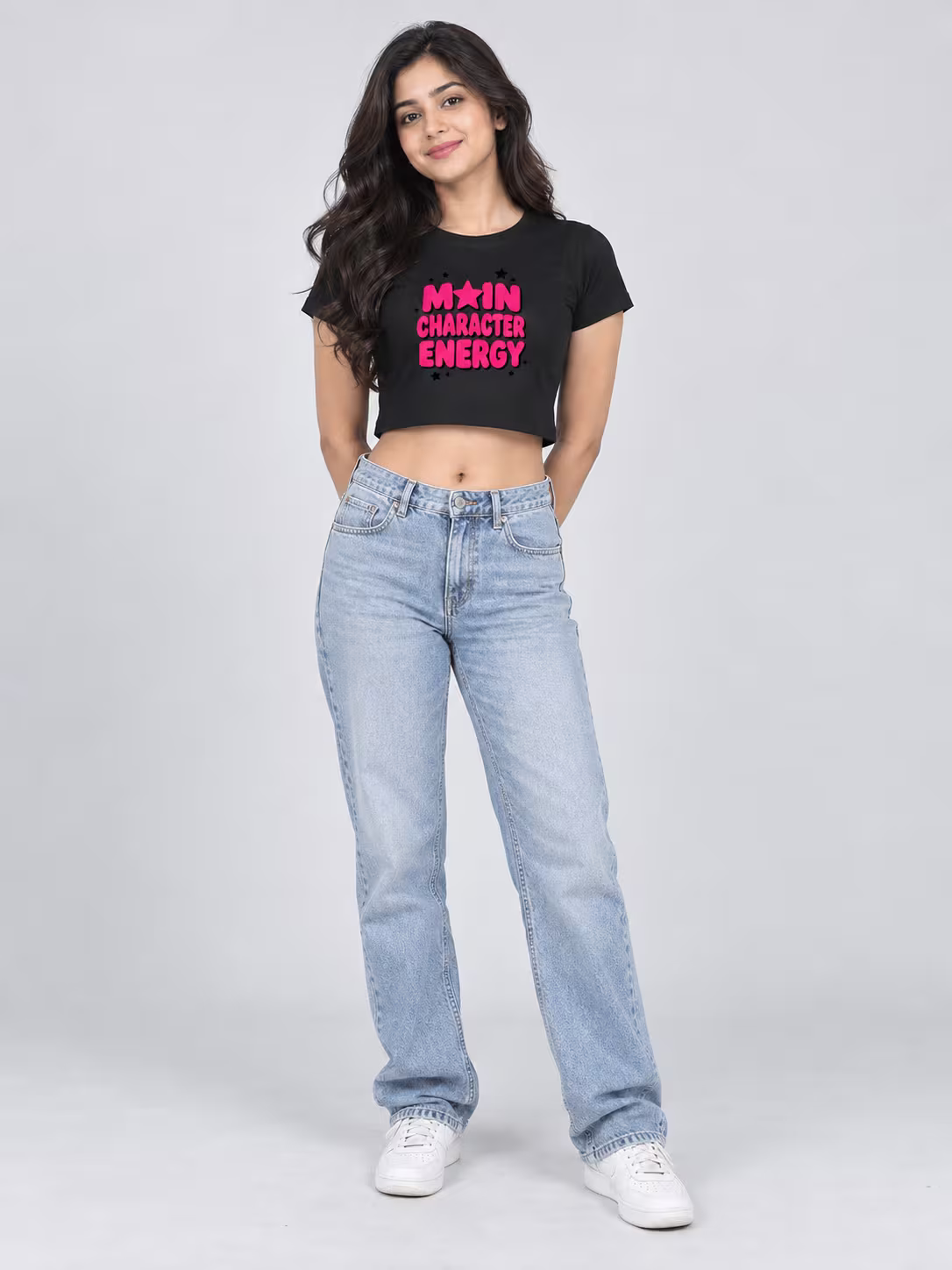 Main Character Energy Crop Top in Black, worn by a model