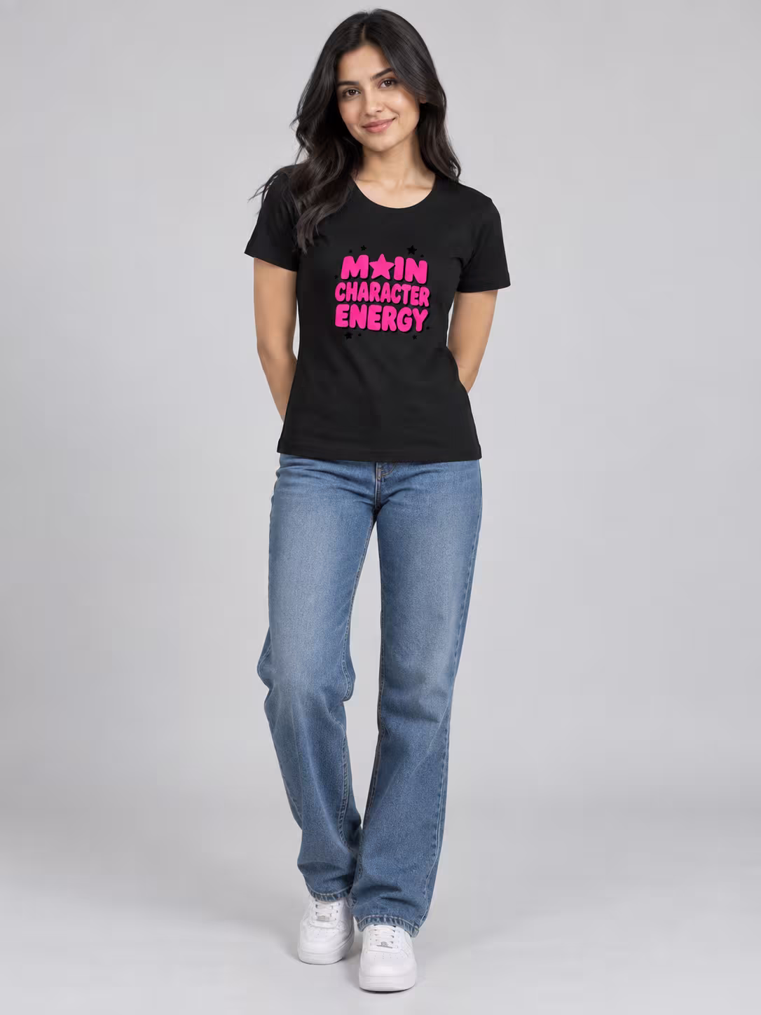 Main Character Energy Women's T-Shirt in Black, worn by a model