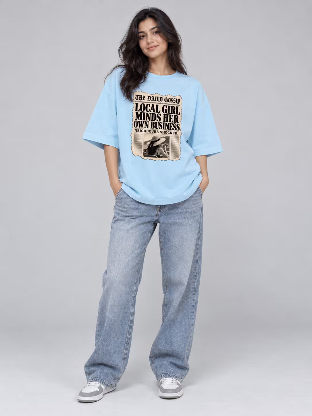 Minds Her Own Business Unisex Terry Oversized Tee in Baby Blue, worn by a model