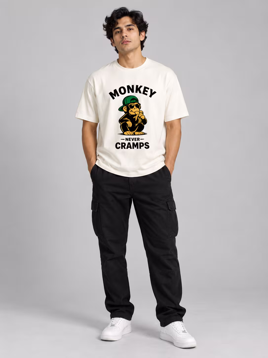 Monkey Never Cramps Gym T-Shirt | ZOJO in Off White, worn by a model