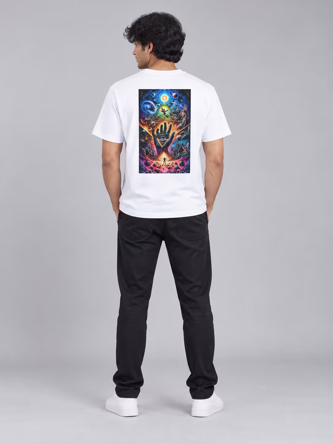 Mushroom Trippy Art Regular Fit T-Shirt in White, back print, worn by a model