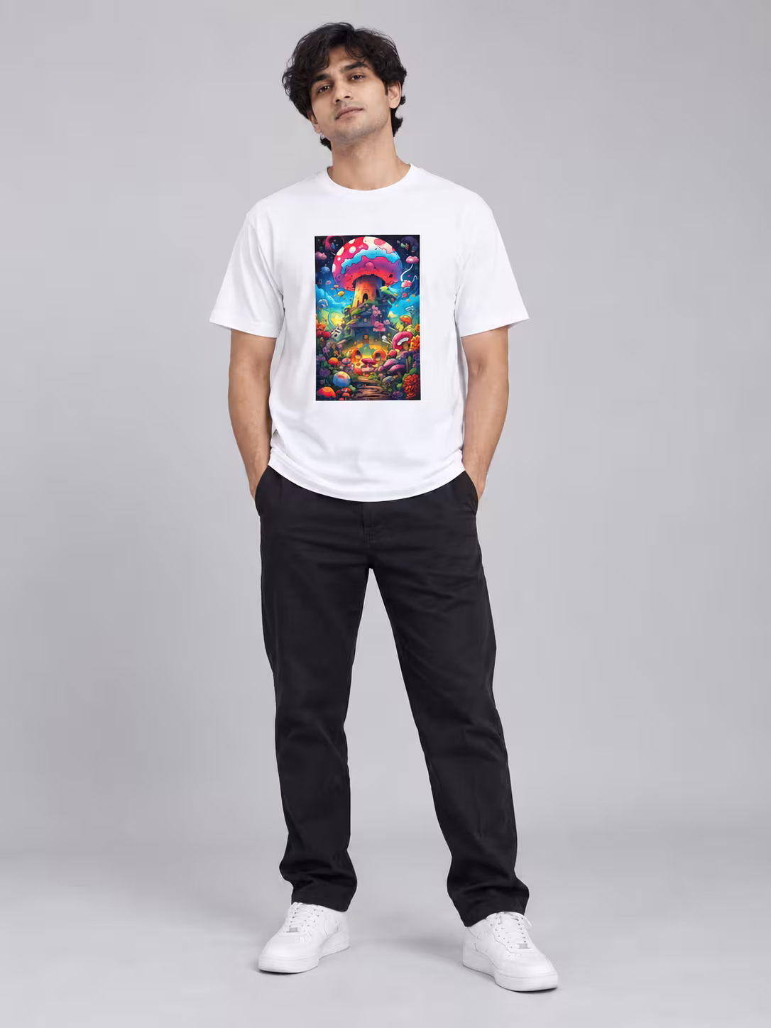 Mushroom Trippy Art Regular Fit T-Shirt in White, worn by a model