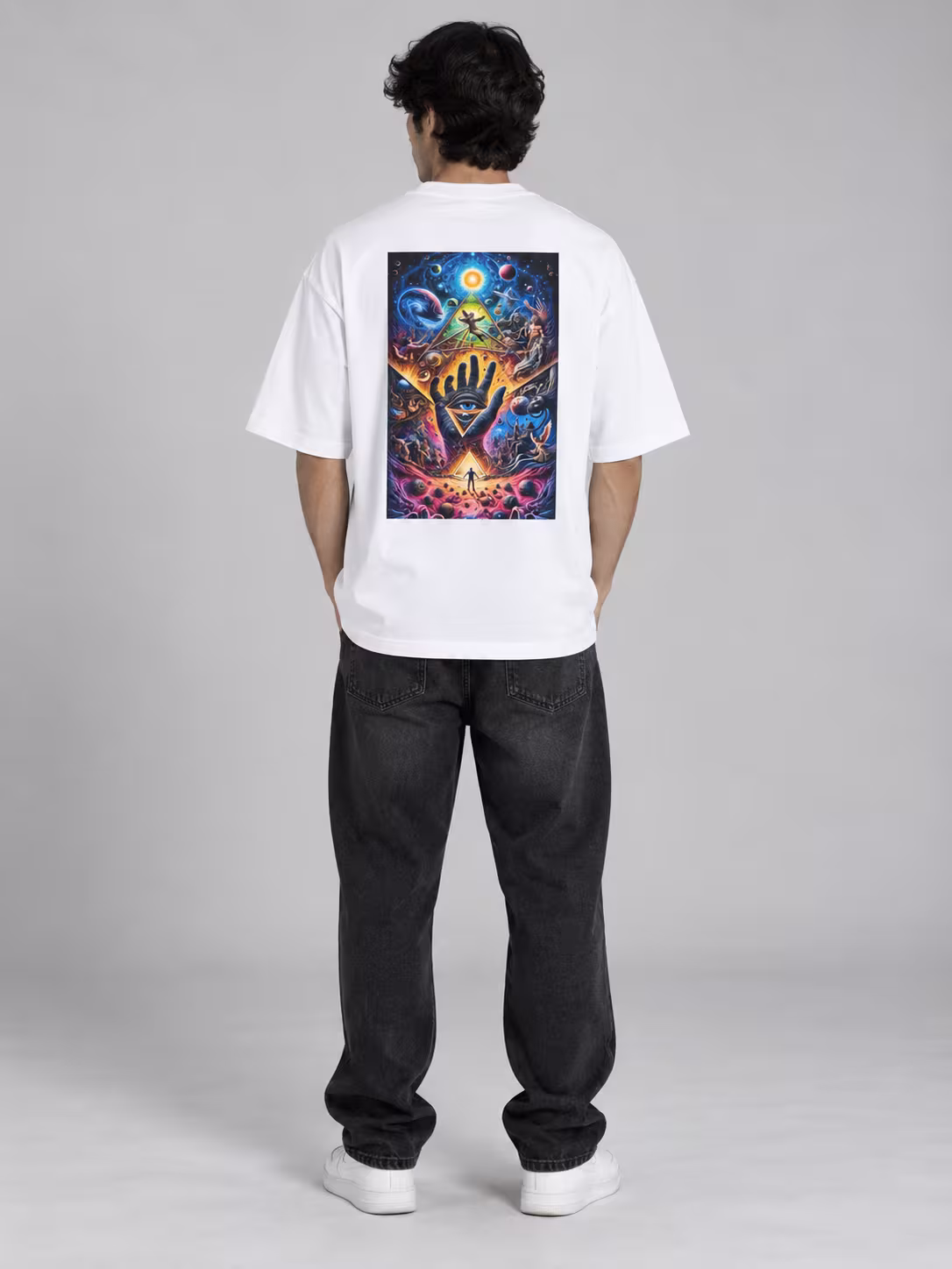 Mushroom Trippy Art Unisex Oversized T-Shirt in White, back print, worn by a model
