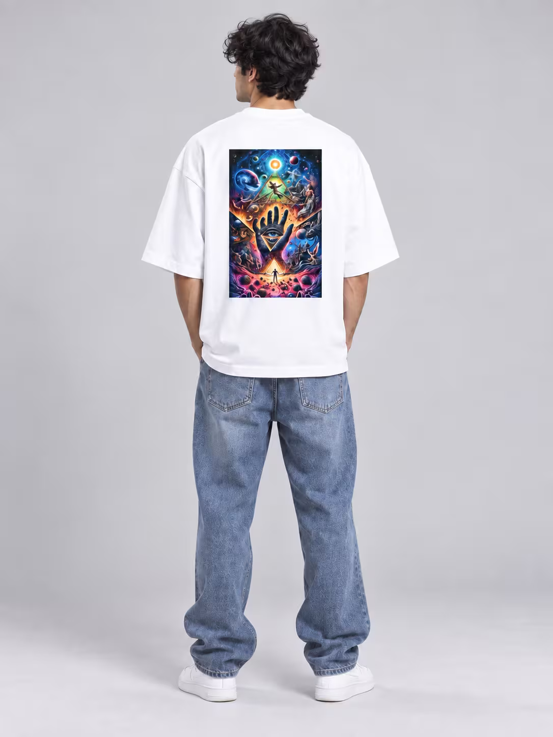 Mushroom Trippy Art Unisex Terry Oversized Tee in White, back print, worn by a model