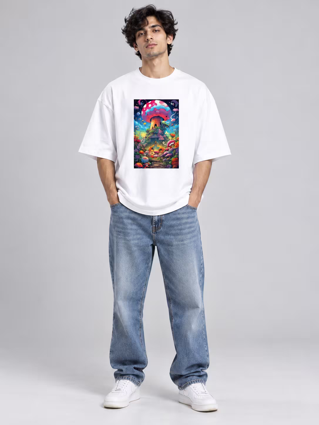 Mushroom Trippy Art Unisex Terry Oversized Tee in White, worn by a model