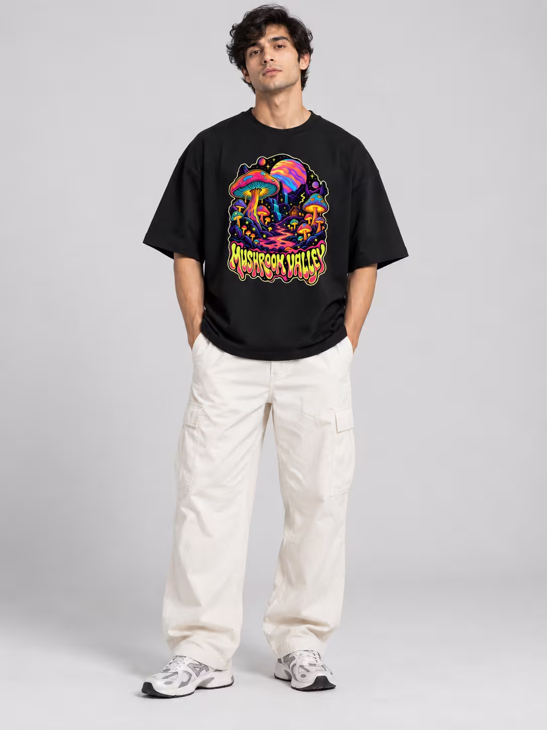 Mushroom Valley Unisex Oversized T-Shirt in Black, worn by a model
