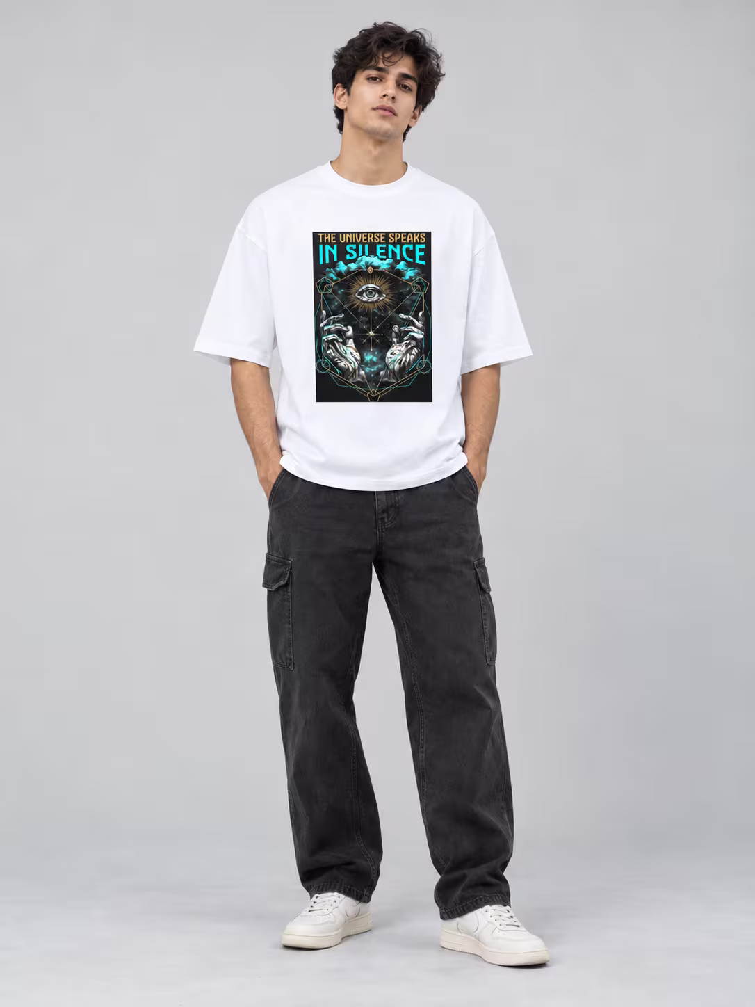 Mystical Third Eye Unisex Oversized T-Shirt in White, worn by a model