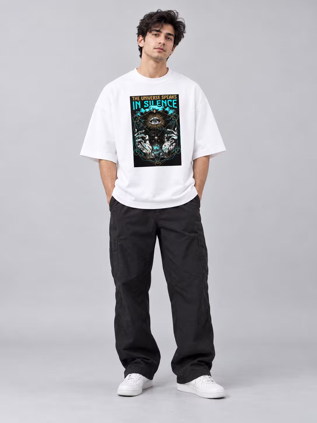 Mystical Third Eye Unisex Terry Oversized Tee in White, worn by a model