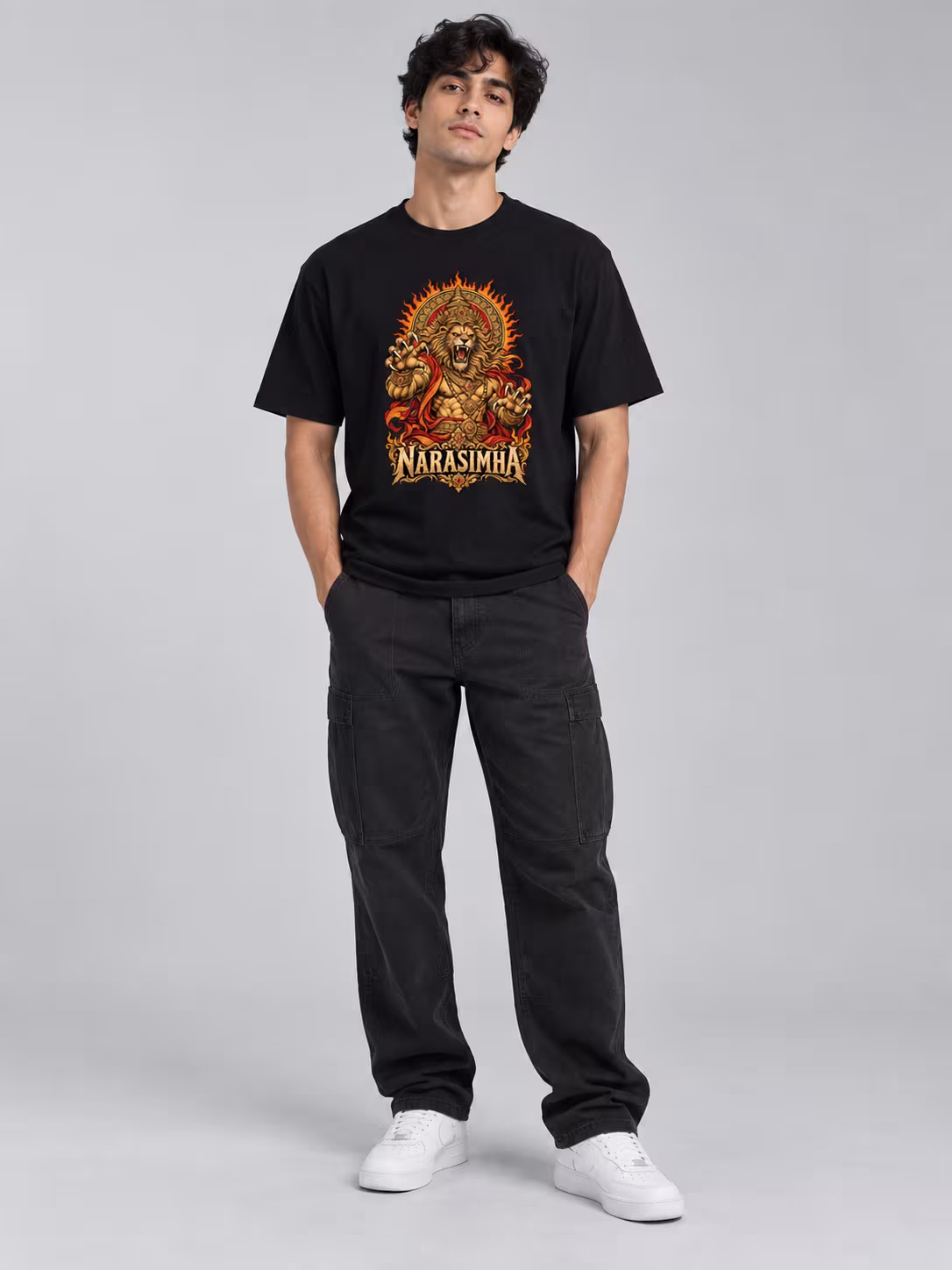 Narasimha Regular Fit T-Shirt in Black, worn by a model