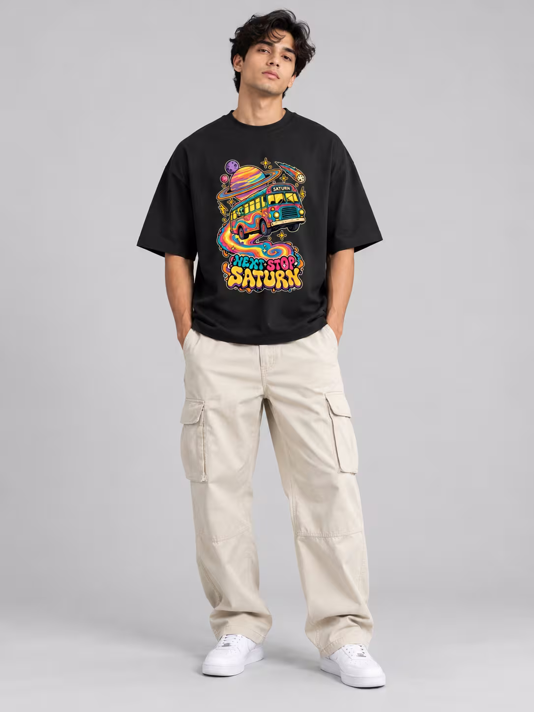 Next Stop Saturn Unisex Oversized T-Shirt in Black, front