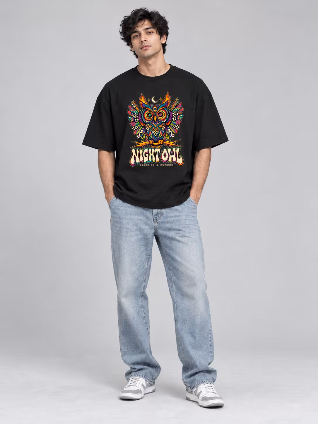 Night Owl Unisex Oversized T-Shirt in Black, front
