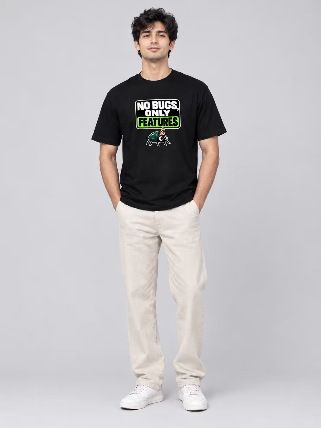 No Bugs Only Features Regular Fit T-Shirt in Black, worn by a model
