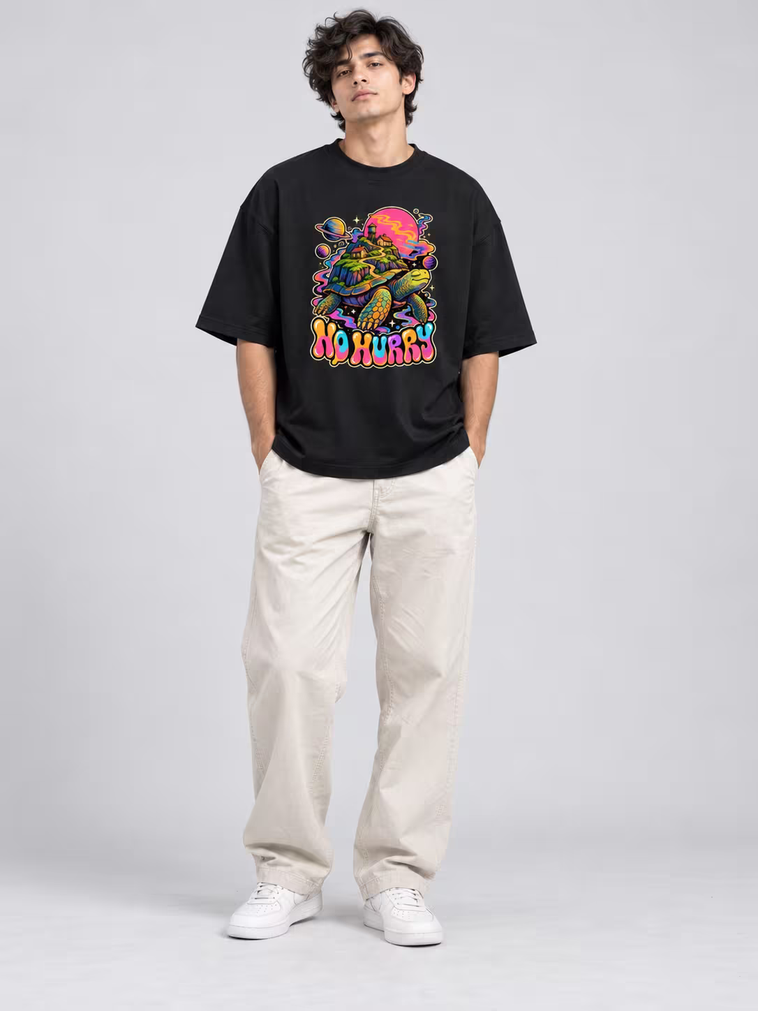 No Hurry Unisex Oversized T-Shirt in Black, worn by a model