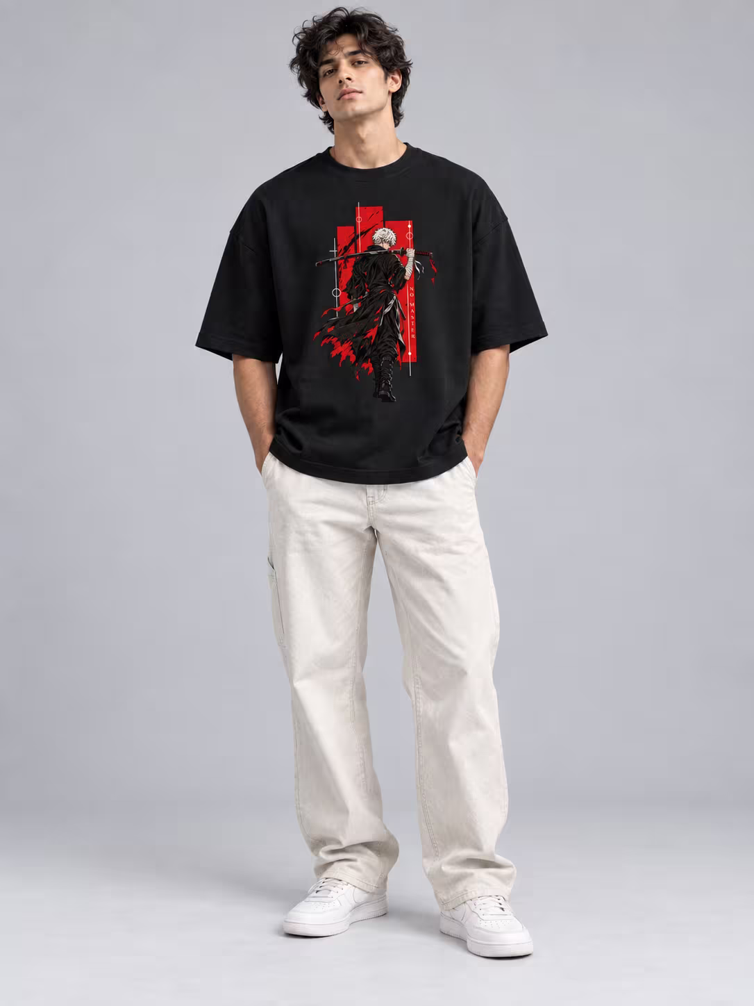 No Master Unisex Terry Oversized Tee in Black, worn by a model