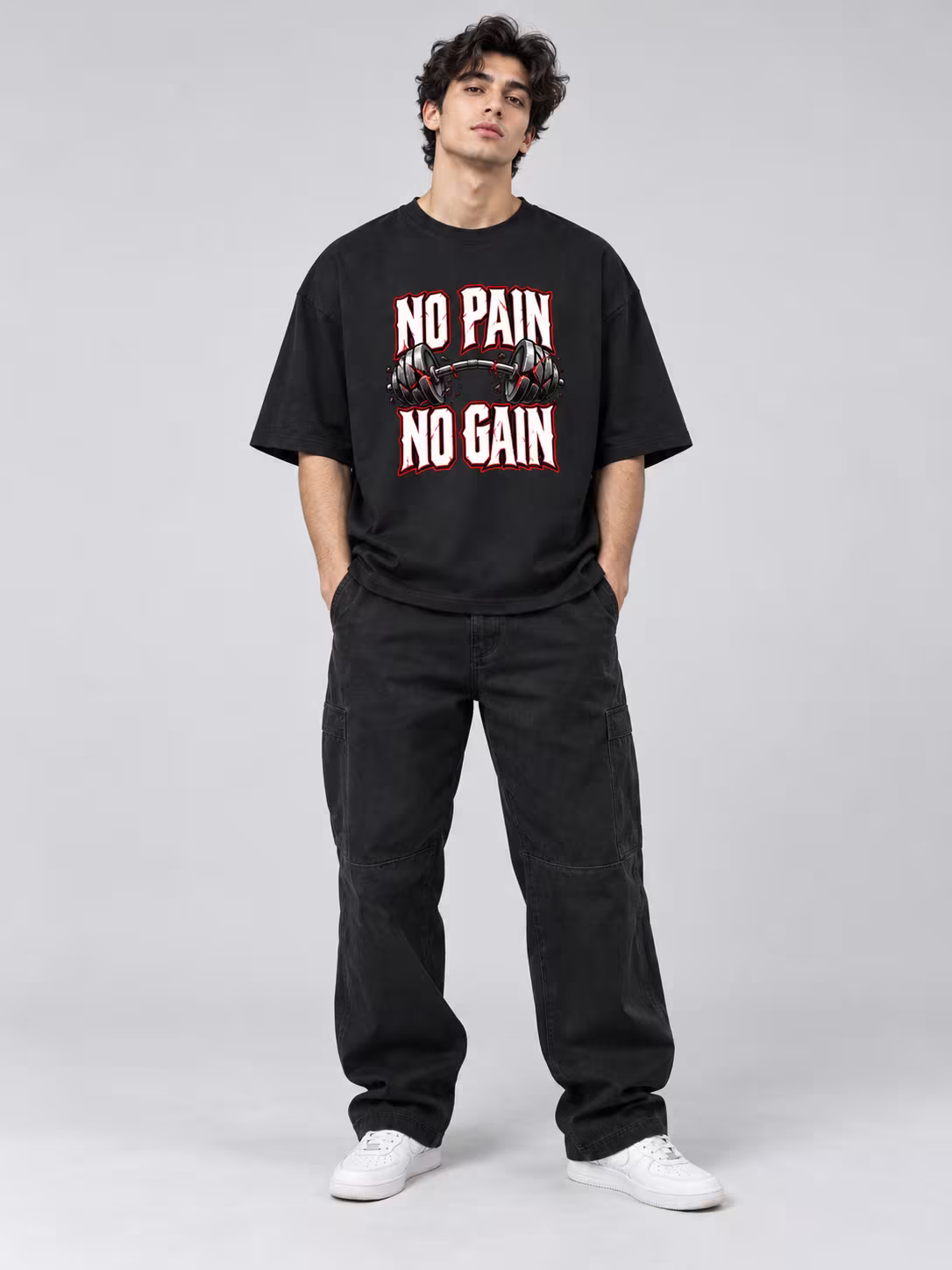No Pain No Gain Unisex Oversized T-Shirt in Black, worn by a model