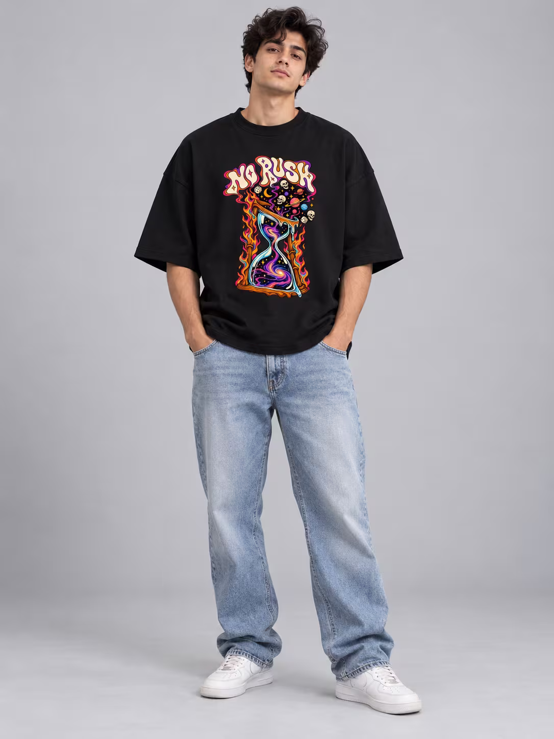 No Rush Unisex Terry Oversized Tee in Black, worn by a model
