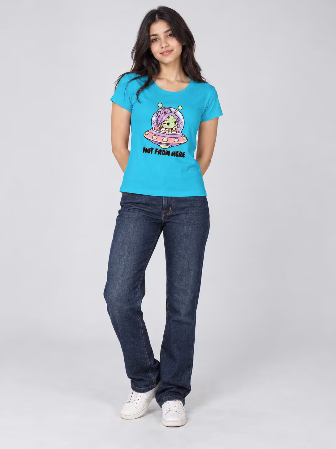 Not From Here Women's T-Shirt in SkyBlue, worn by a model