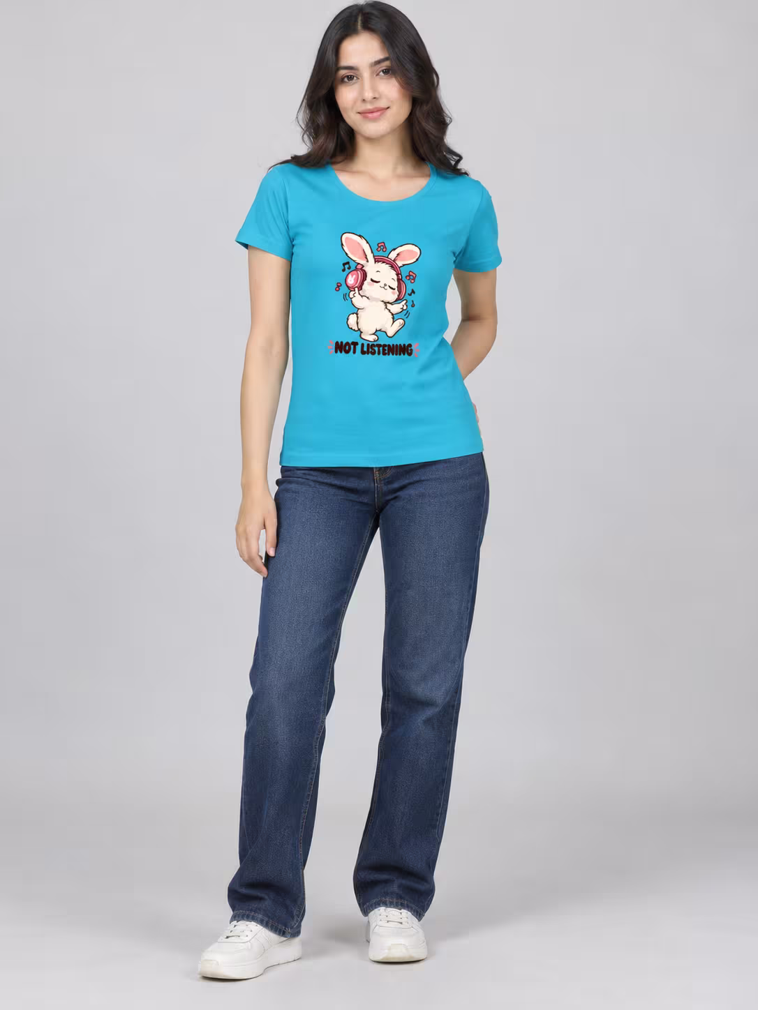 Bunny t-shirt: Not Listening Bunny Women's T-Shirt in SkyBlue, worn by a model