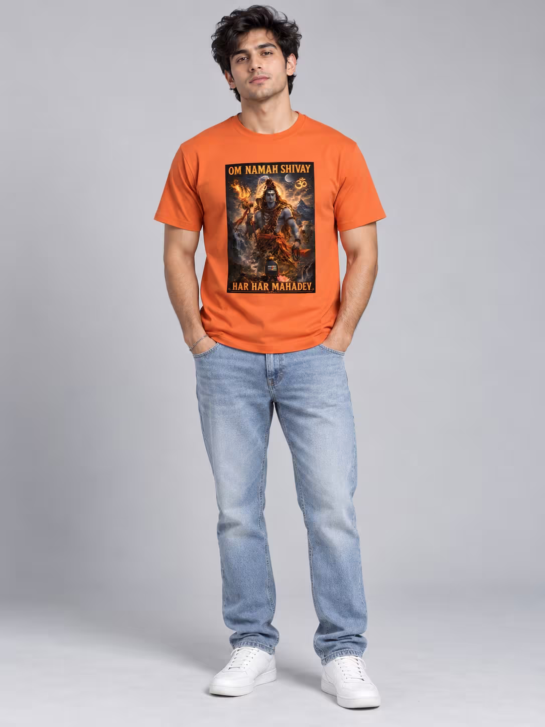 Om Namah Shivay Shiv Ji T-Shirt in Orange, worn by a model