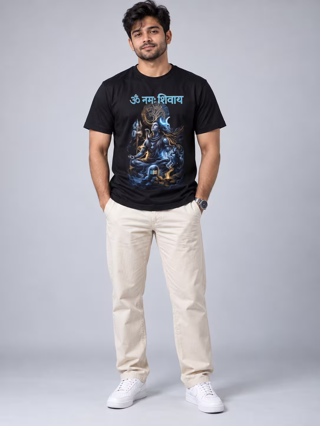 Om Namah Shivaya T-Shirt in Black, worn by a model