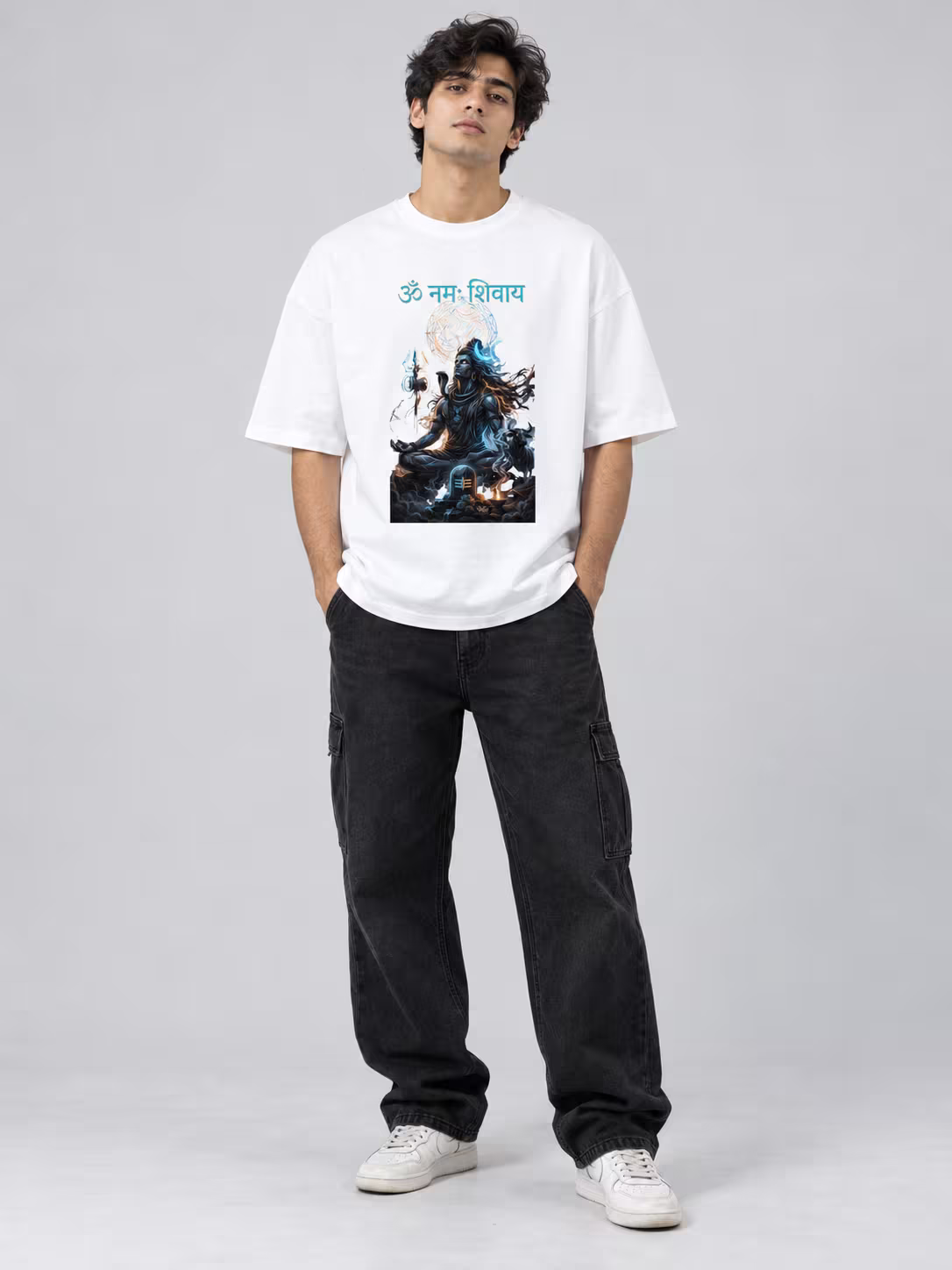 Om Namah Shivaya Unisex Terry Oversized Tee in White, worn by a model