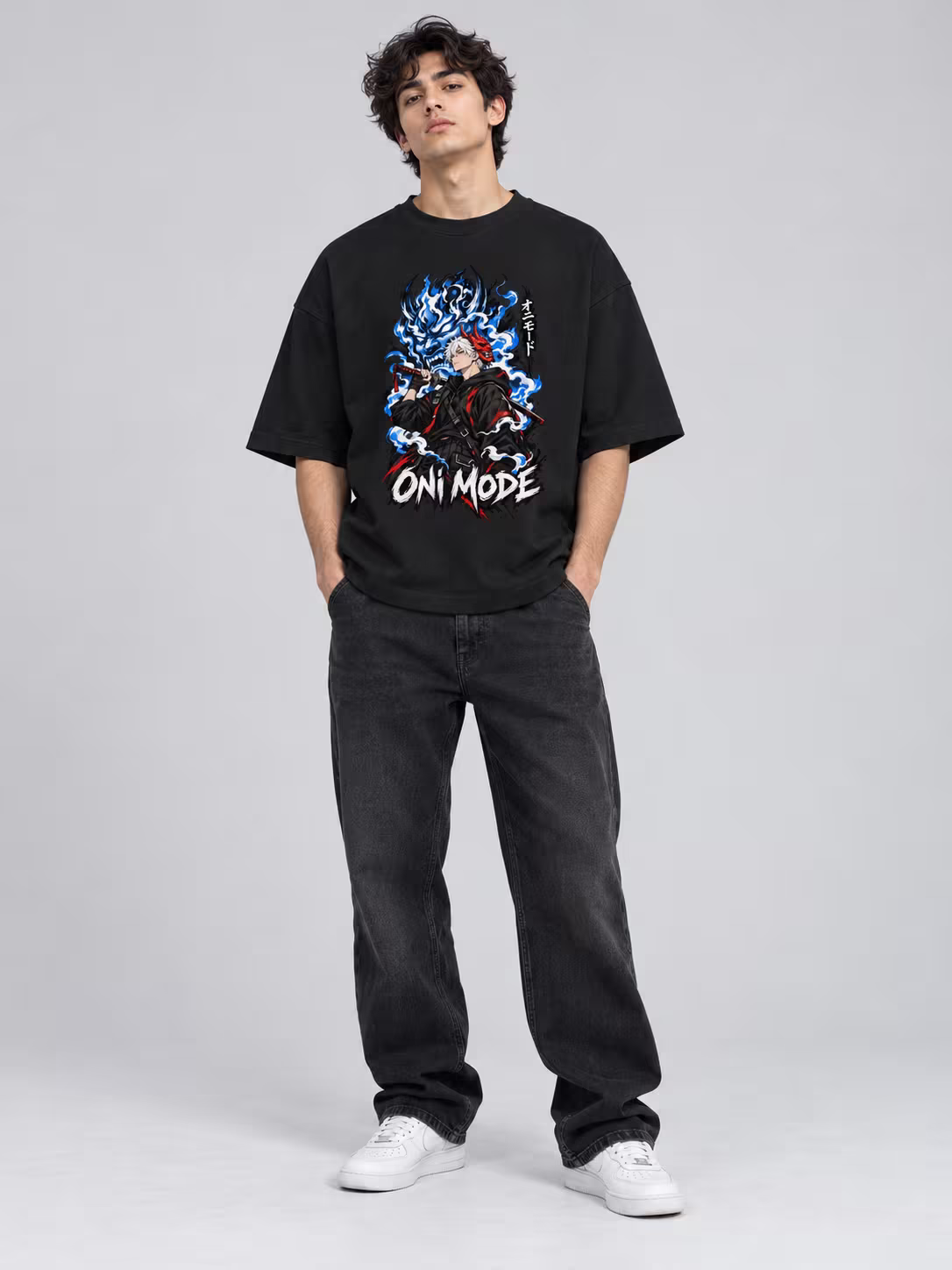 Oni Mode Unisex Terry Oversized Tee in Black, front