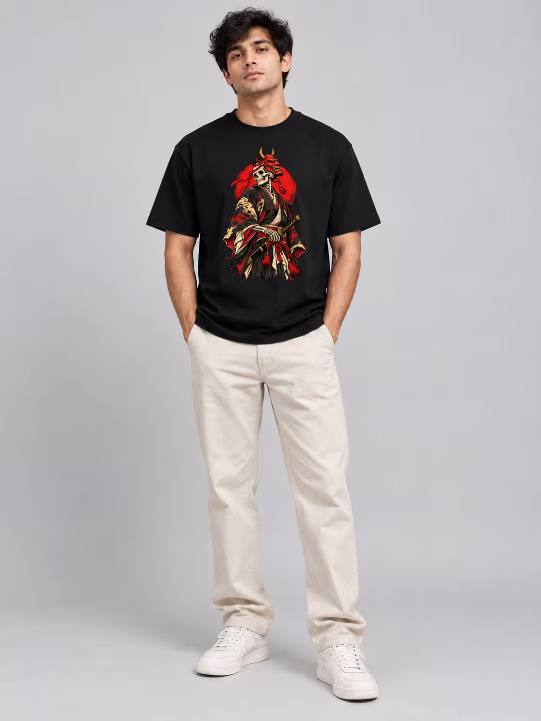 Samurai t-shirt: Oni Ronin Regular Fit T-Shirt in Black, worn by a model