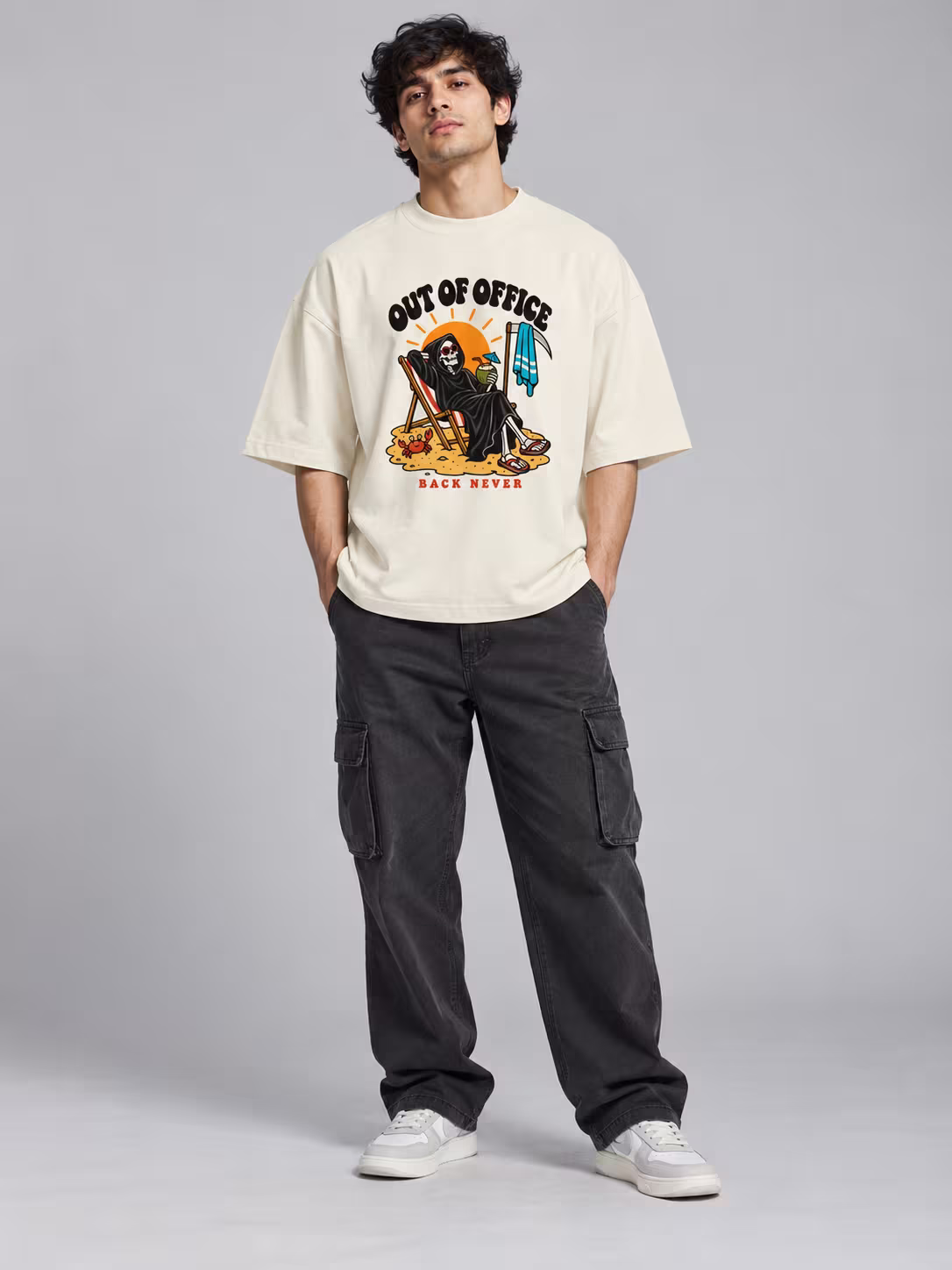 Out Of Office Unisex Oversized T-Shirt in Off White, front