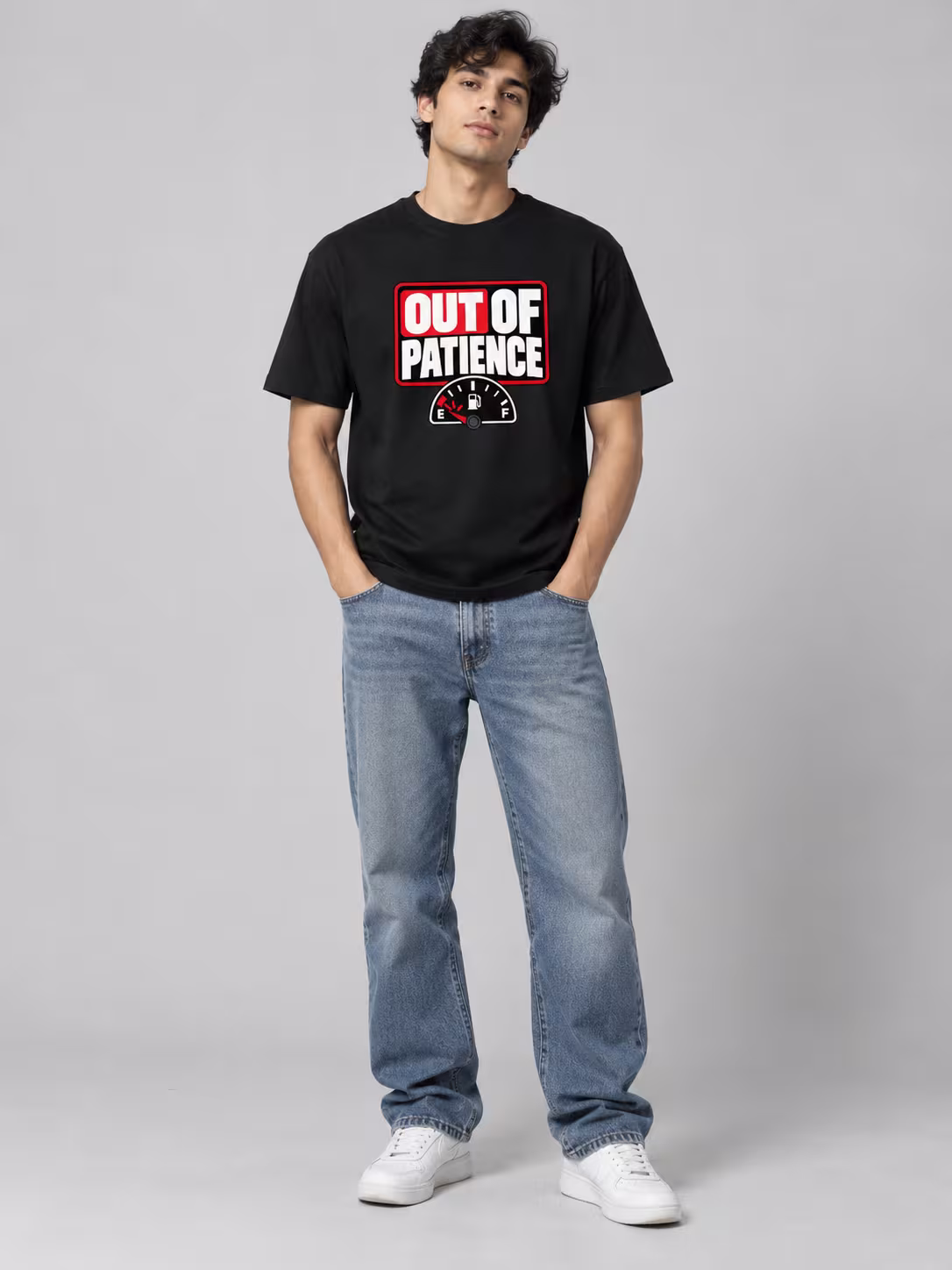 Out Of Patience Regular Fit T-Shirt in Black, worn by a model