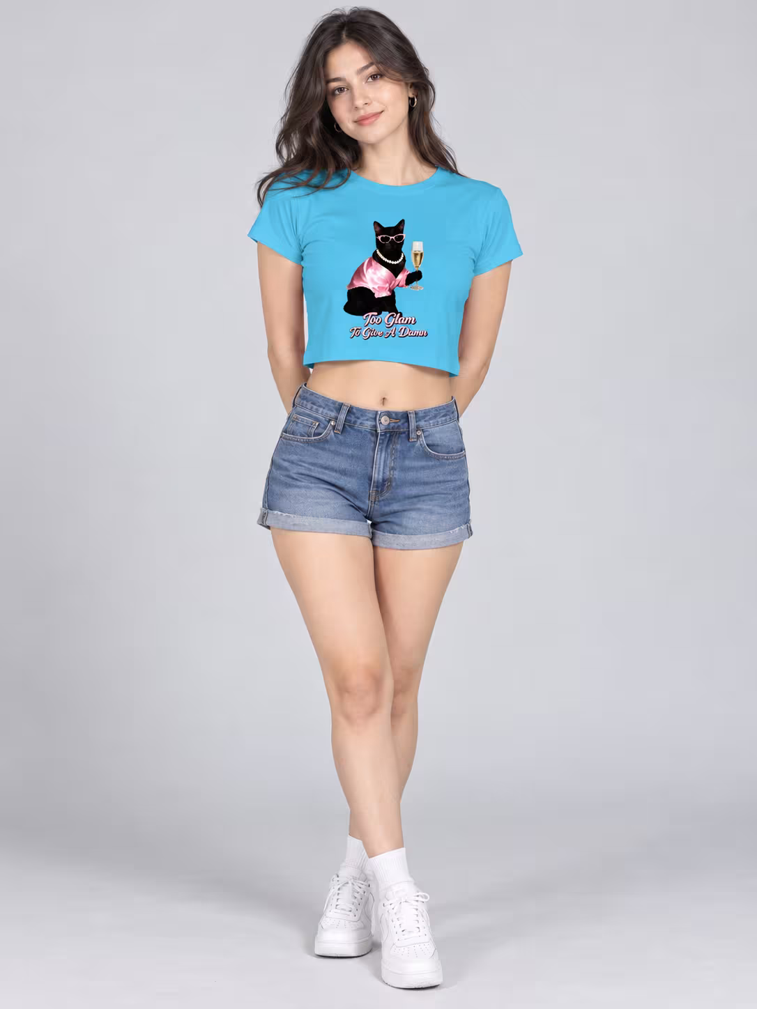 Party Cat Crop Top in SkyBlue, worn by a model