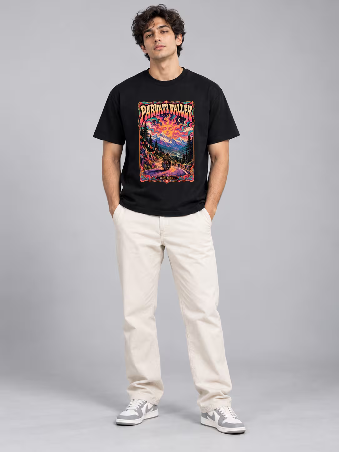 Parvati Valley Regular Fit T-Shirt in Black, worn by a model