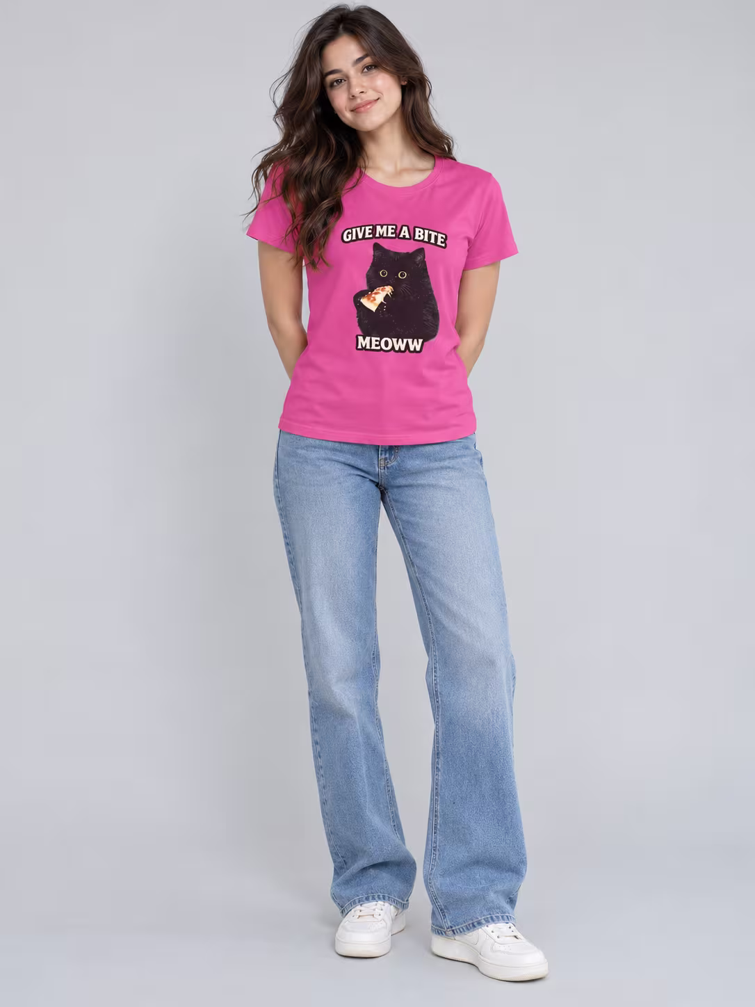 Pizza Cat Women's T-Shirt in Pink, worn by a model