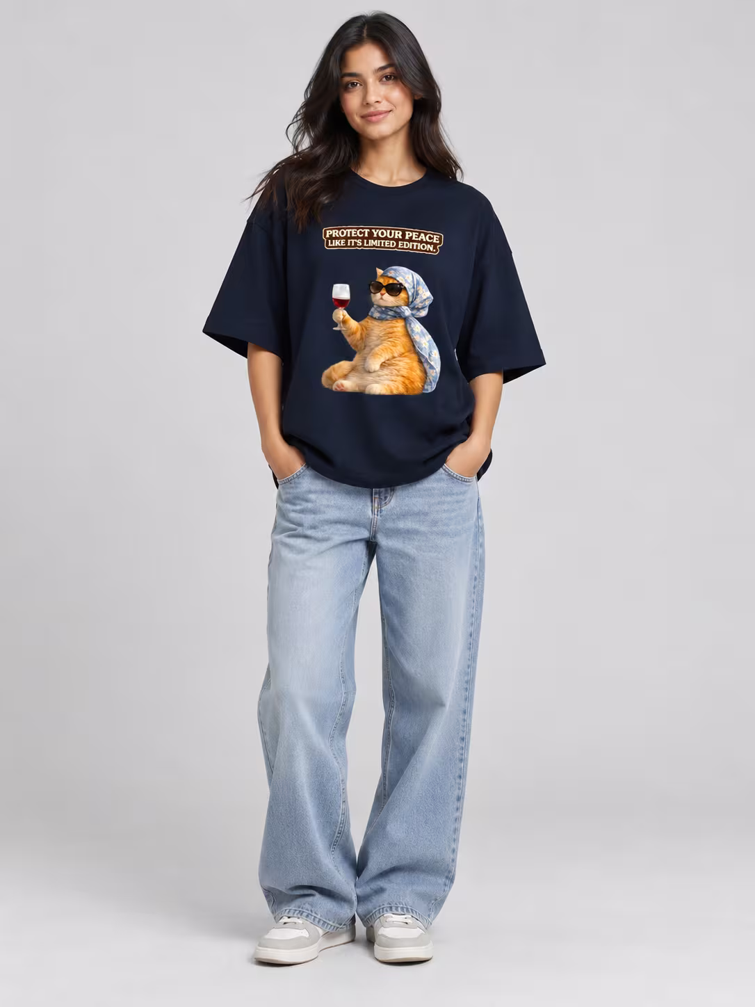 Protect Your Peace Cat Unisex Terry Oversized Tee in Navy Blue, worn by a model