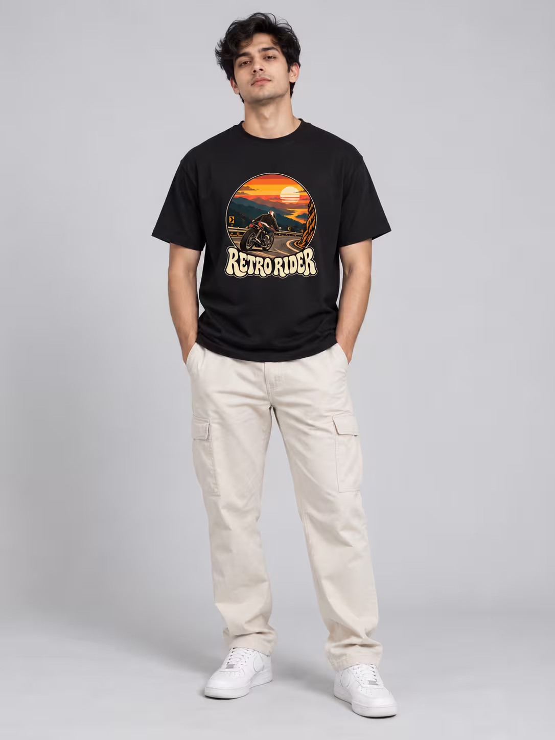 Retro Rider Regular Fit T-Shirt in Black, worn by a model