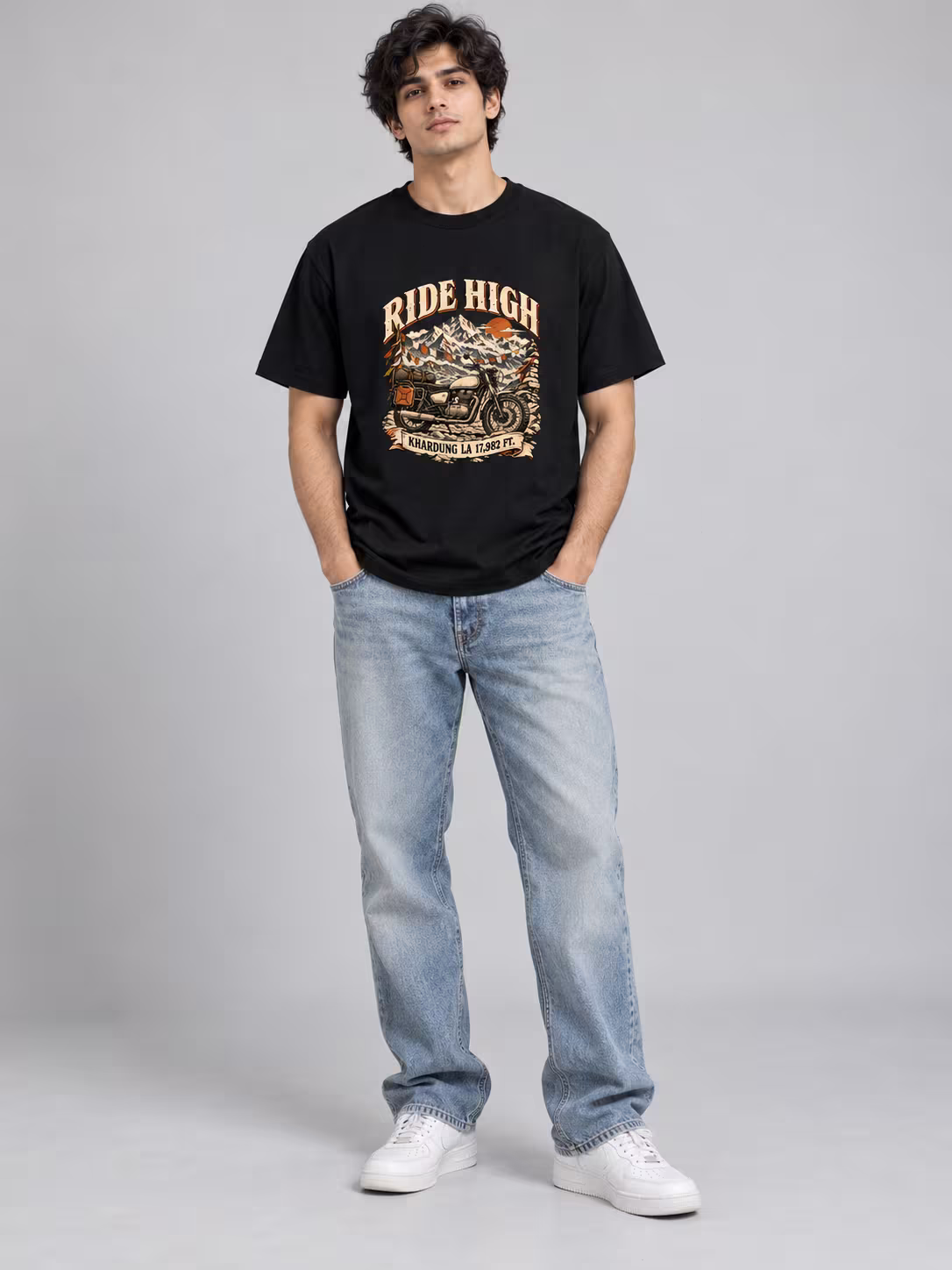 Ride High Regular Fit T-Shirt in Black, worn by a model