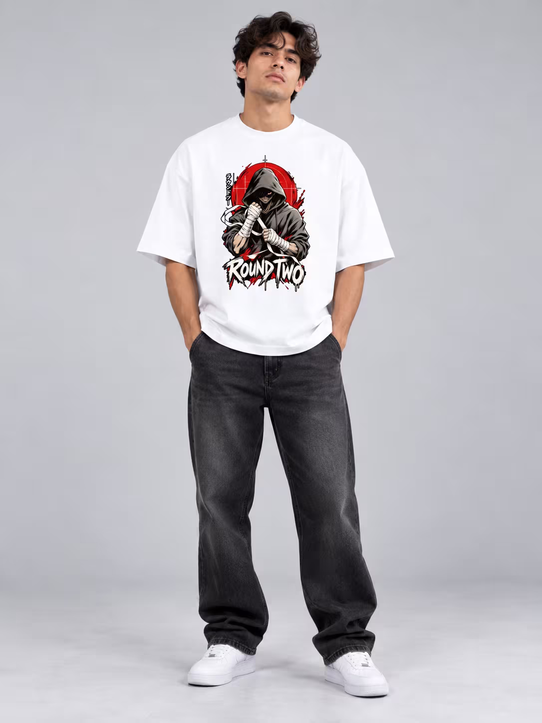 Round Two Unisex Terry Oversized Tee in White, worn by a model