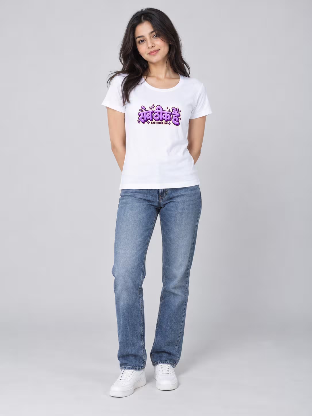 Sab Theek Hai Women's T-Shirt in White, worn by a model