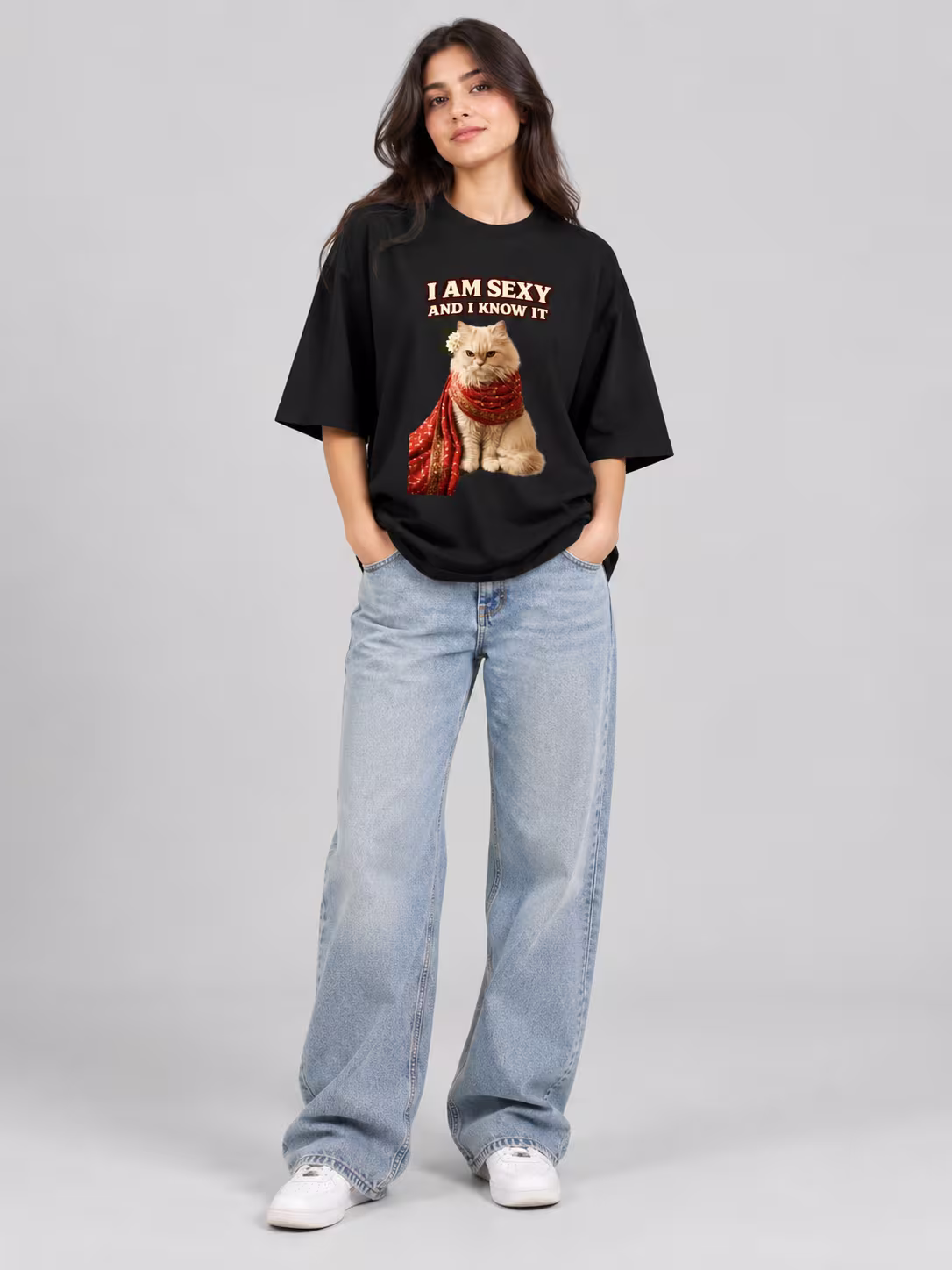Sexy Cat Unisex Oversized T-Shirt in Black, worn by a model