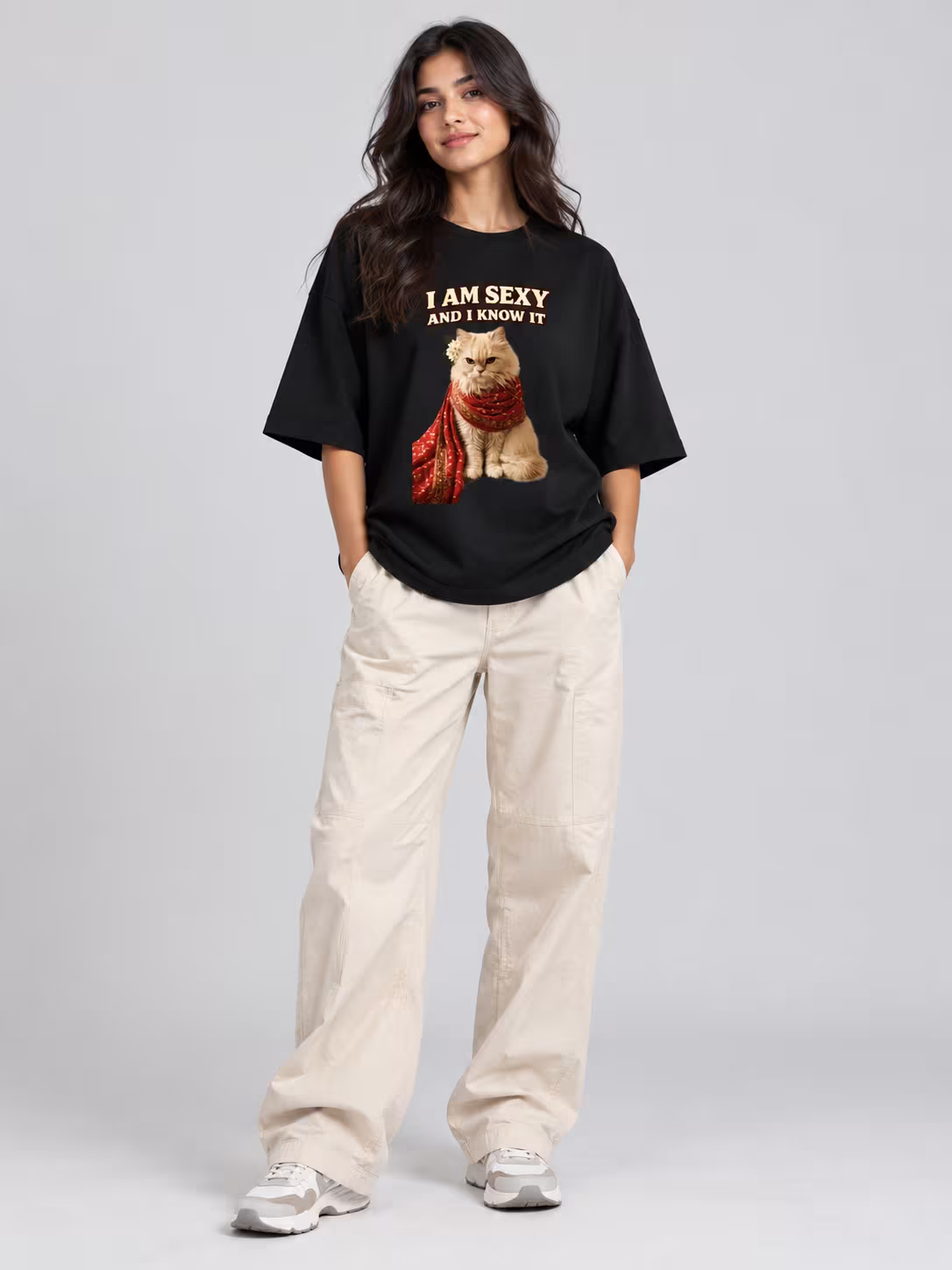 Sexy Cat Unisex Terry Oversized Tee in Black, worn by a model