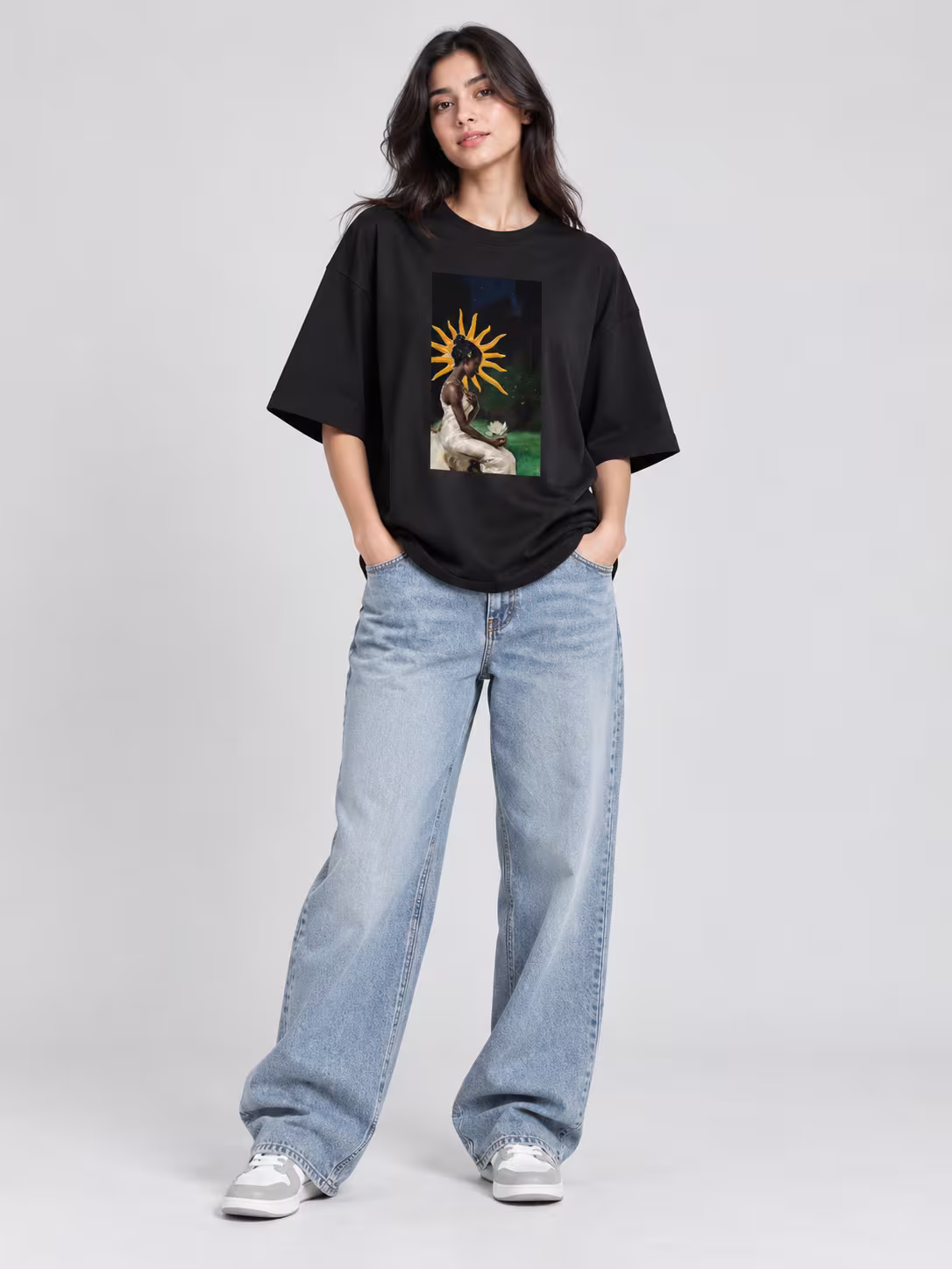 Silent Beauty Unisex Terry Oversized Tee in Black, worn by a model